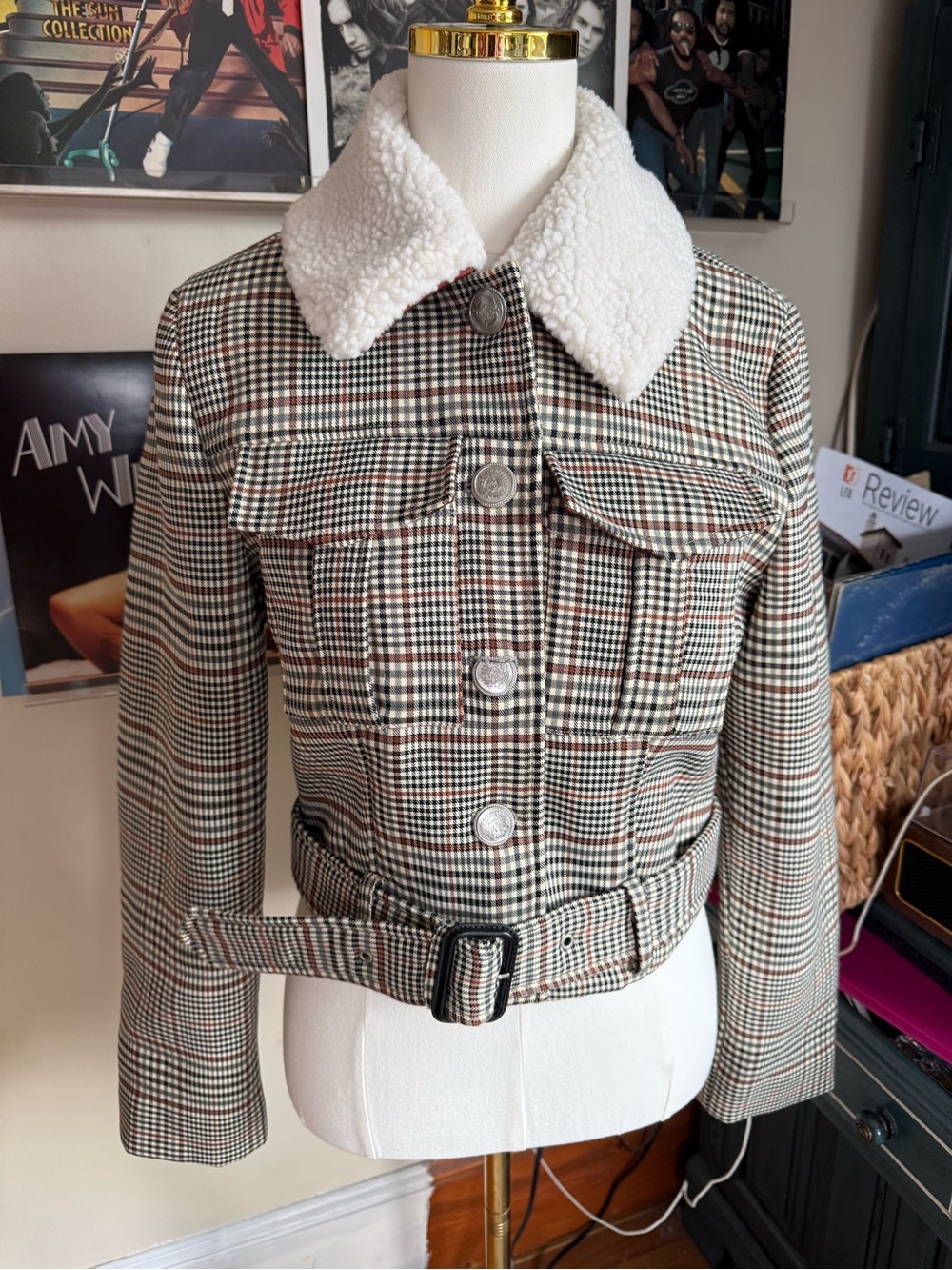 7 for all mankind Cropped Plaid Belted Jacket with Sherpa Collar - White Collar